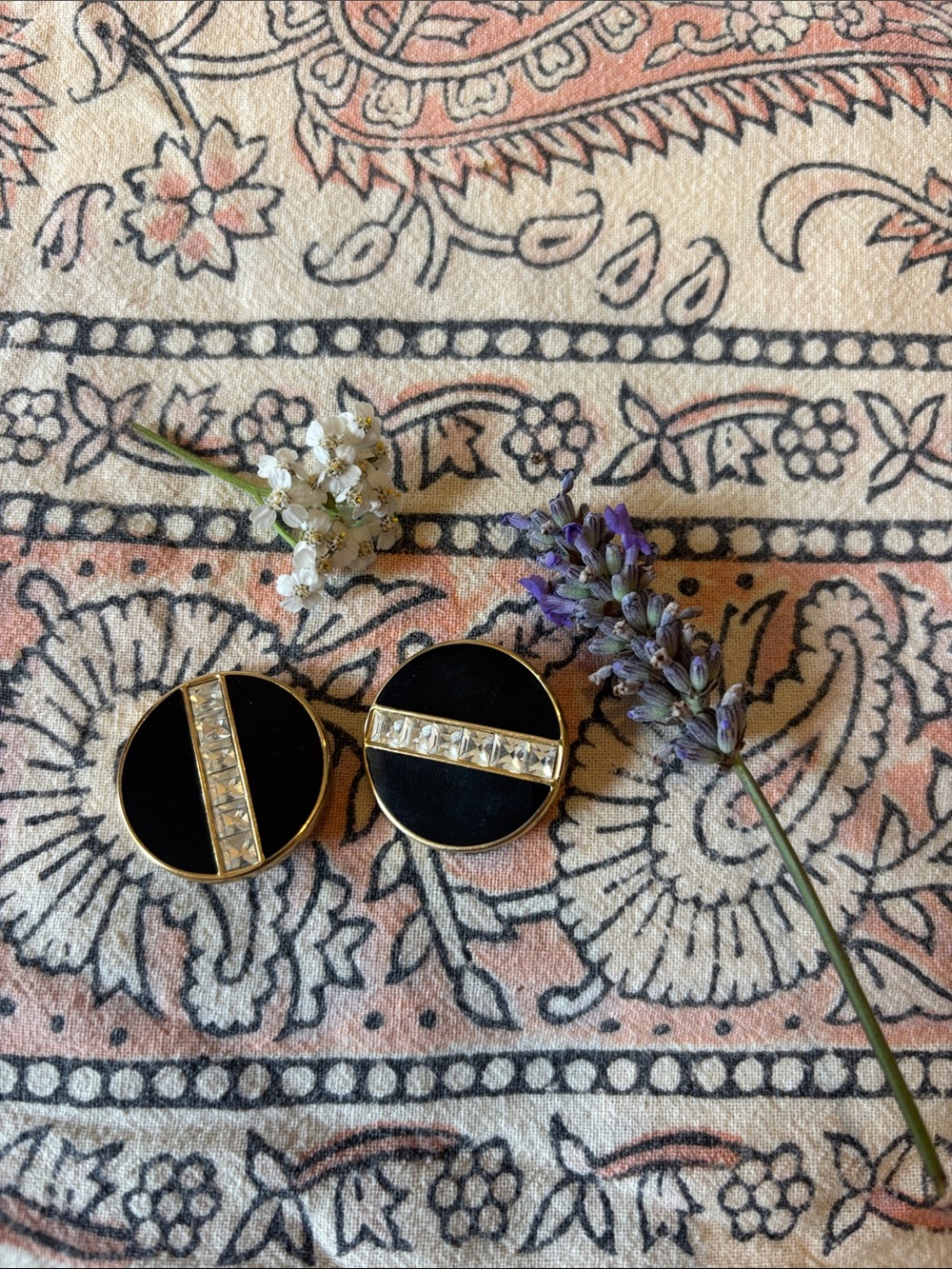 Black Enamel Round Clip-On Earrings with Crystal Bar. Perfect for Egyptian Theme